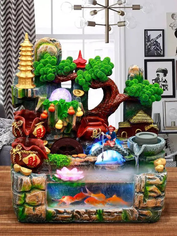 Rocky Mountain Waterfall Fountain with Flowing Water and Feng Shui Wheel – Small Fish Tank Decor for Living Room with Circulating Design