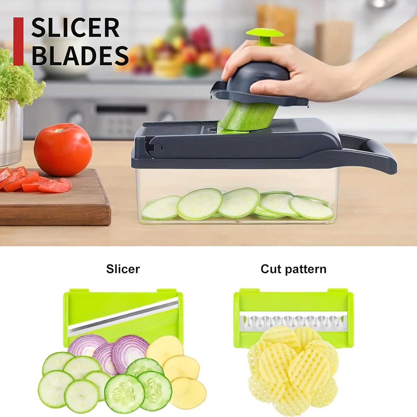 Plastic Food Slicer Dicer with Drain Basket, Hand Protector 16-in-1 Manual Vegetable Chopper