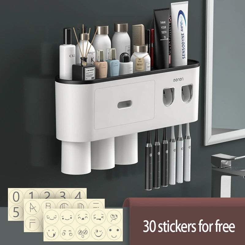 Magnetic Toothbrush Holder Storage Rack Automatic Toothpaste Dispenser Wall-Mounted Waterproof Bathroom Storage Accessories Set