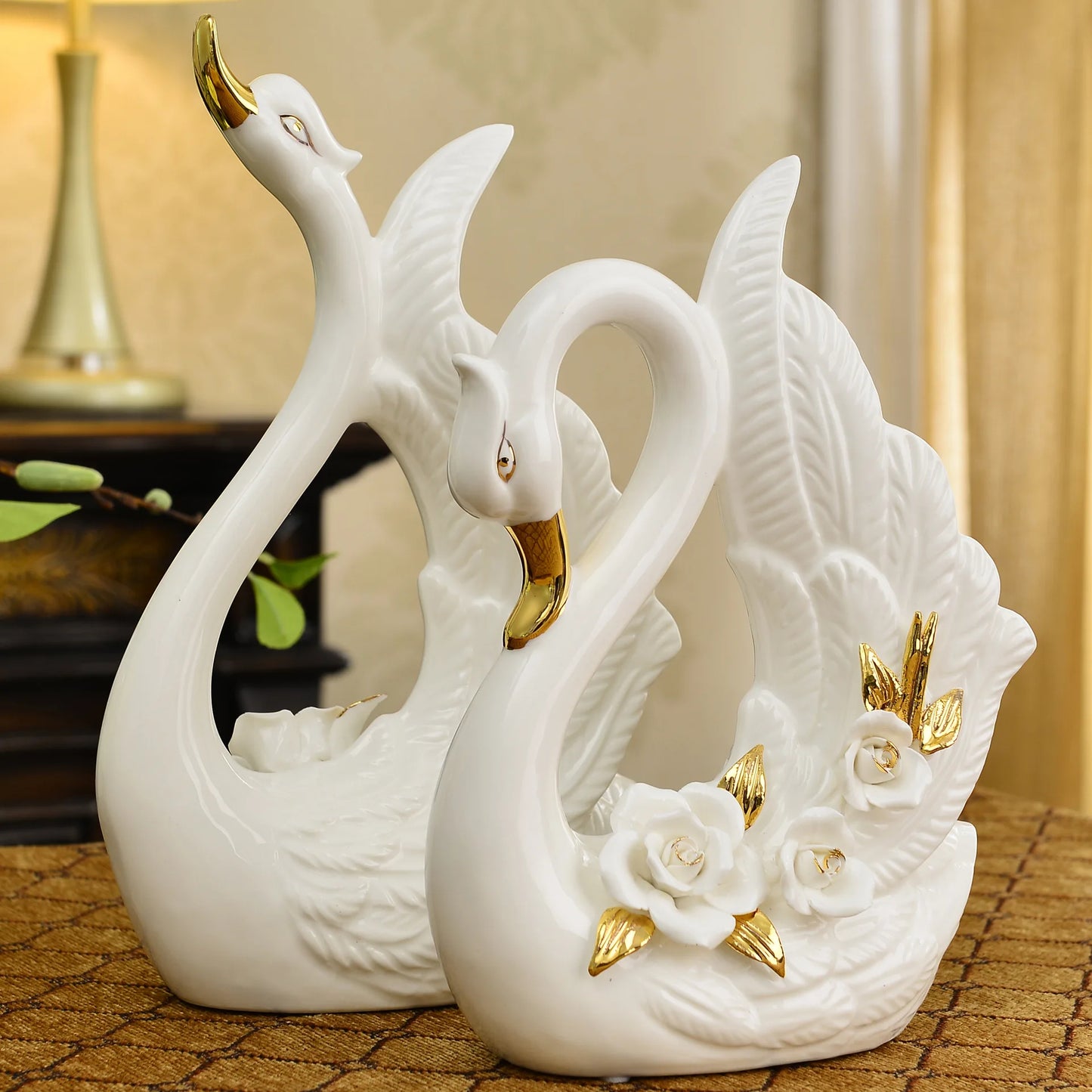 Home Decoration Ceramic Pair White Swan Lovers