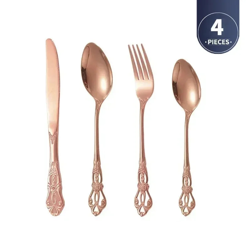 Royal European Spoon Fork Complete Set of Golden Stainless Steel Cutlery, Retro Style, Dishwasher Safe, Stylish Cutlery