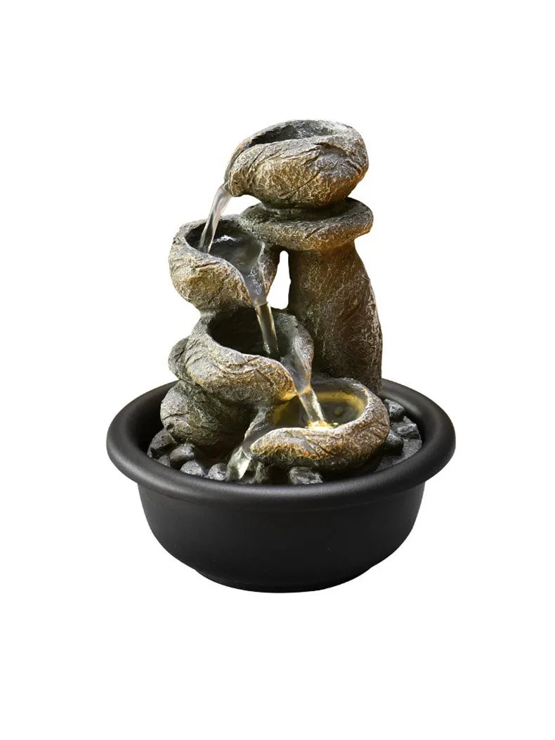 Stylish Miniature Waterfall Fountain with LED Light – Handcrafted Resin Zen Water Feature for Desk or Home, Ideal as a Decorative Gift