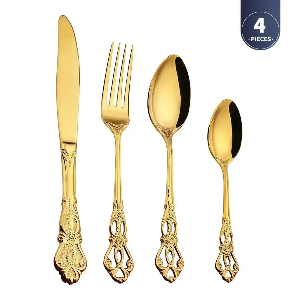 Royal European Spoon Fork Complete Set of Golden Stainless Steel Cutlery, Retro Style, Dishwasher Safe, Stylish Cutlery