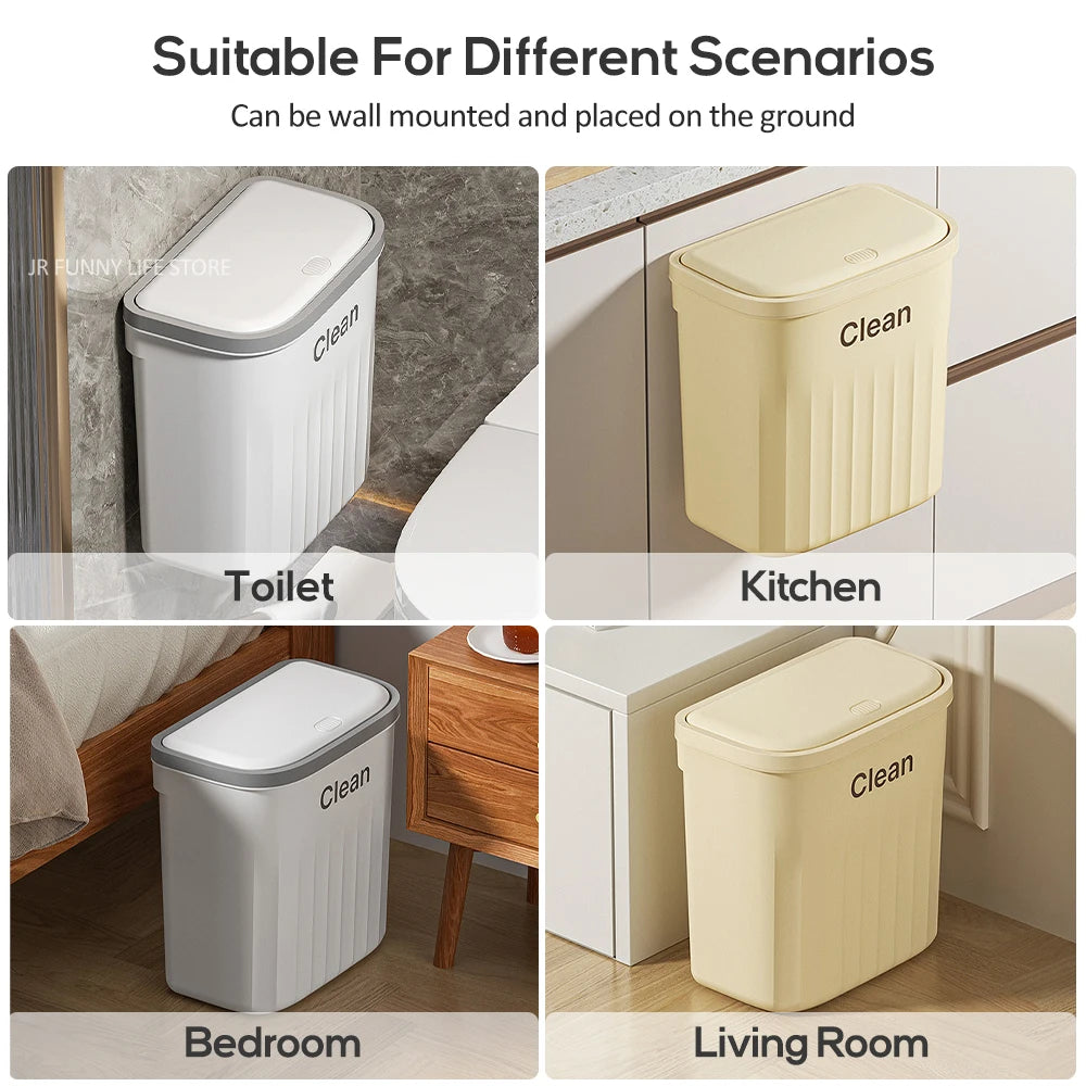 Trash Can With Lid, Hanging Wastebasket, and 12/16L Press Type Wall Mounted Trash Can for Bathroom Toilet Garbage Bucket, and Kitchen Recycling Bin