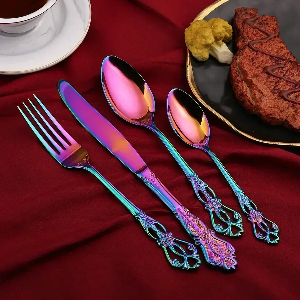 Royal European Spoon Fork Complete Set of Golden Stainless Steel Cutlery, Retro Style, Dishwasher Safe, Stylish Cutlery