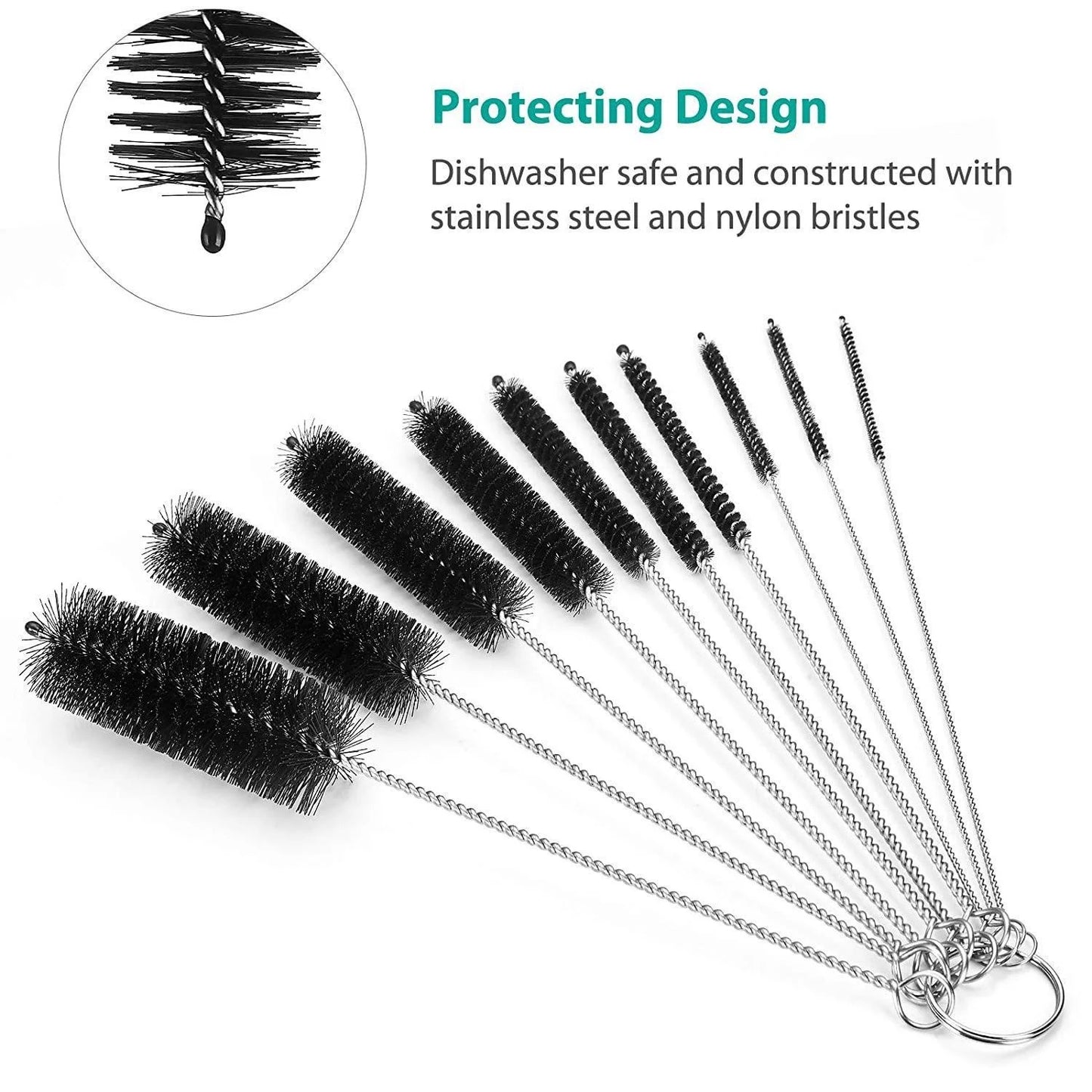10 pieces per set Multipurpose Portable Glass Washing Tube Cleaning Brush Set Made of Stainless Steel for the Home