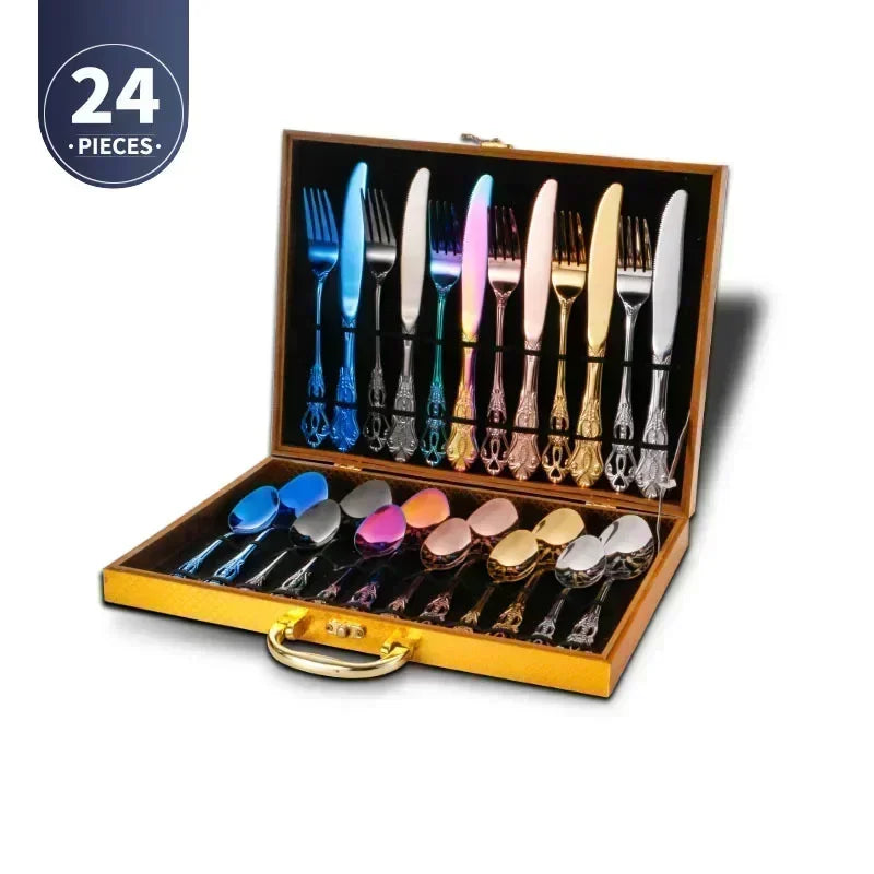 Royal European Spoon Fork Complete Set of Golden Stainless Steel Cutlery, Retro Style, Dishwasher Safe, Stylish Cutlery