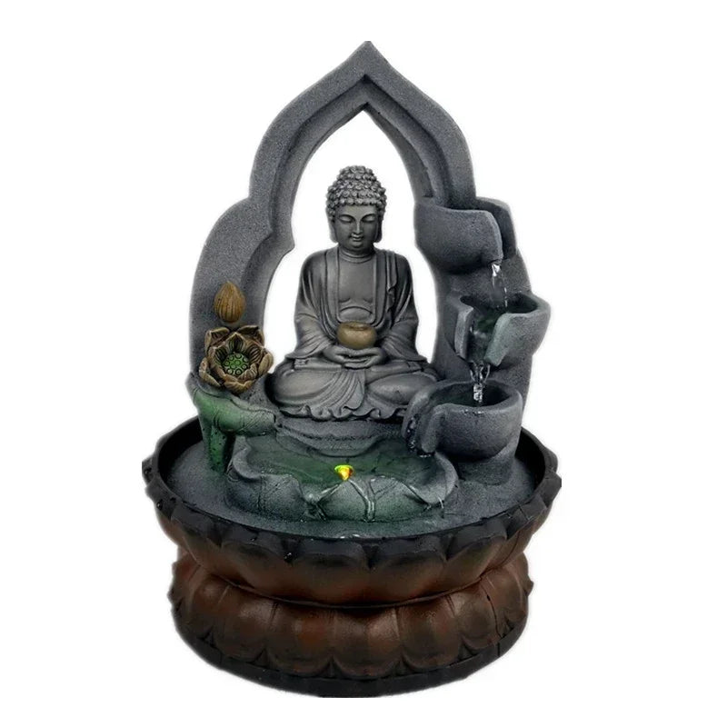 Indoor Air Humidifier Waterfall Fountain – Tabletop LED Relaxation Fountain with Feng Shui Buddha Statue for Office or Home Decor
