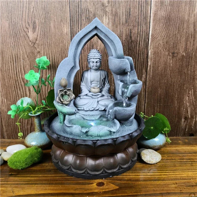 Indoor Air Humidifier Waterfall Fountain – Tabletop LED Relaxation Fountain with Feng Shui Buddha Statue for Office or Home Decor
