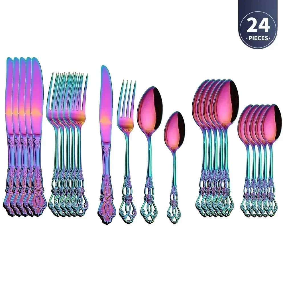 Royal European Spoon Fork Complete Set of Golden Stainless Steel Cutlery, Retro Style, Dishwasher Safe, Stylish Cutlery