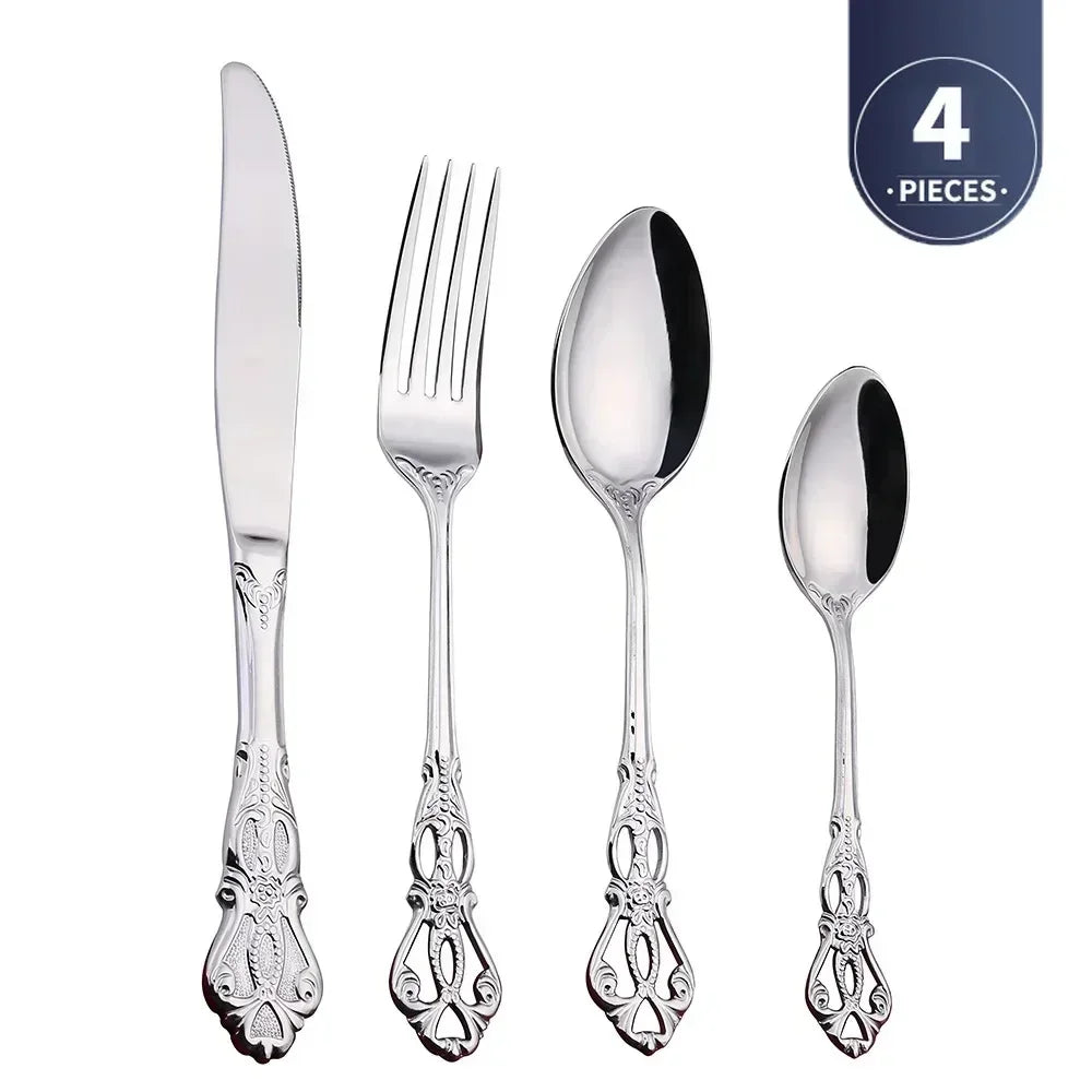 Royal European Spoon Fork Complete Set of Golden Stainless Steel Cutlery, Retro Style, Dishwasher Safe, Stylish Cutlery