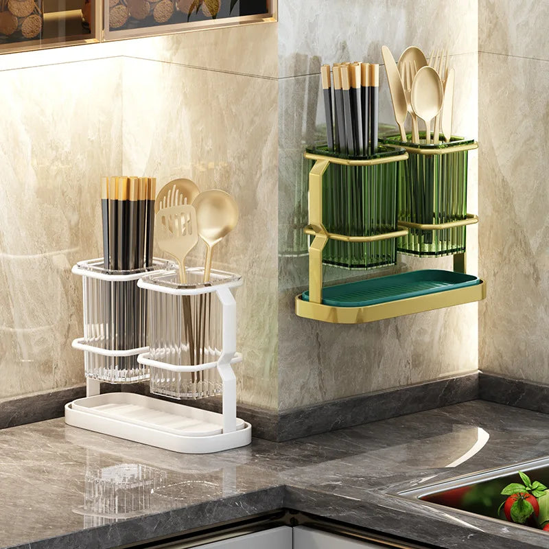 Kitchen Countertop Cutlery Holder Wall Mounted Kitchen Utensil Organizer Rack Knife Holder Spoon Fork Drain Storage Rack