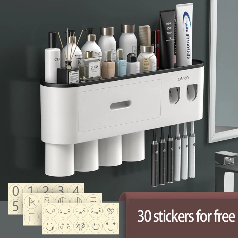 Magnetic Toothbrush Holder Storage Rack Automatic Toothpaste Dispenser Wall-Mounted Waterproof Bathroom Storage Accessories Set