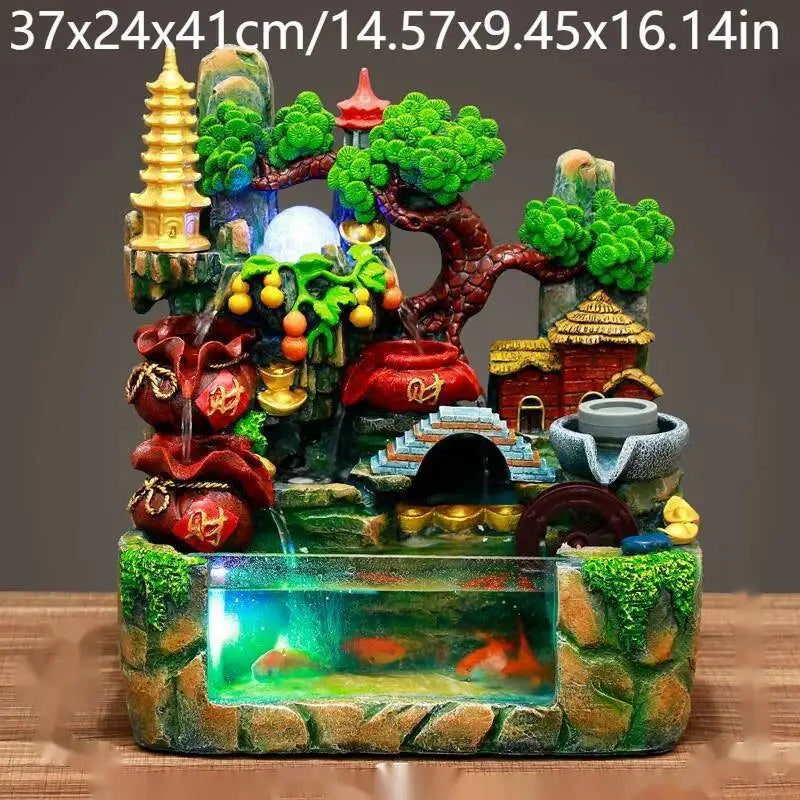 Rocky Mountain Waterfall Fountain with Flowing Water and Feng Shui Wheel – Small Fish Tank Decor for Living Room with Circulating Design