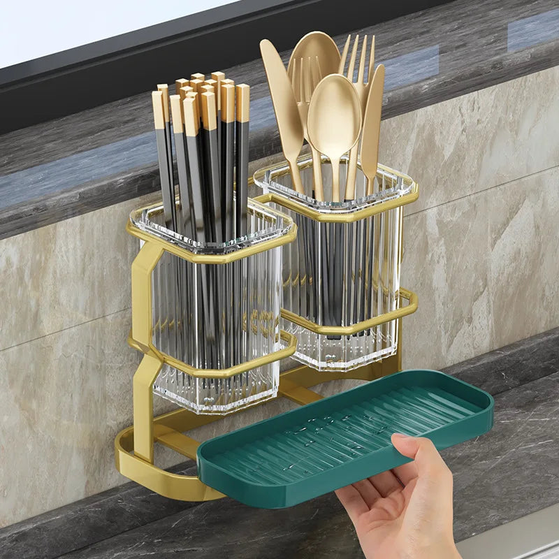 Kitchen Countertop Cutlery Holder Wall Mounted Kitchen Utensil Organizer Rack Knife Holder Spoon Fork Drain Storage Rack