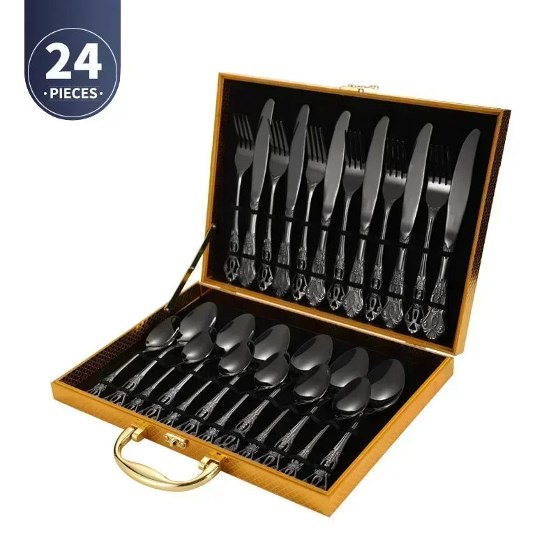 Royal European Spoon Fork Complete Set of Golden Stainless Steel Cutlery, Retro Style, Dishwasher Safe, Stylish Cutlery