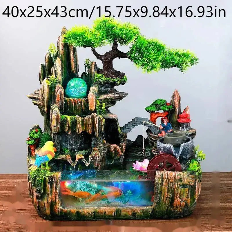 Rocky Mountain Waterfall Fountain with Flowing Water and Feng Shui Wheel – Small Fish Tank Decor for Living Room with Circulating Design