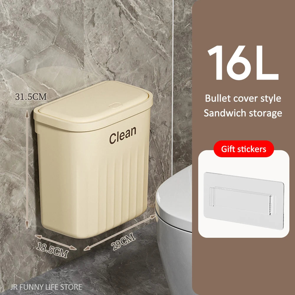 Trash Can With Lid, Hanging Wastebasket, and 12/16L Press Type Wall Mounted Trash Can for Bathroom Toilet Garbage Bucket, and Kitchen Recycling Bin
