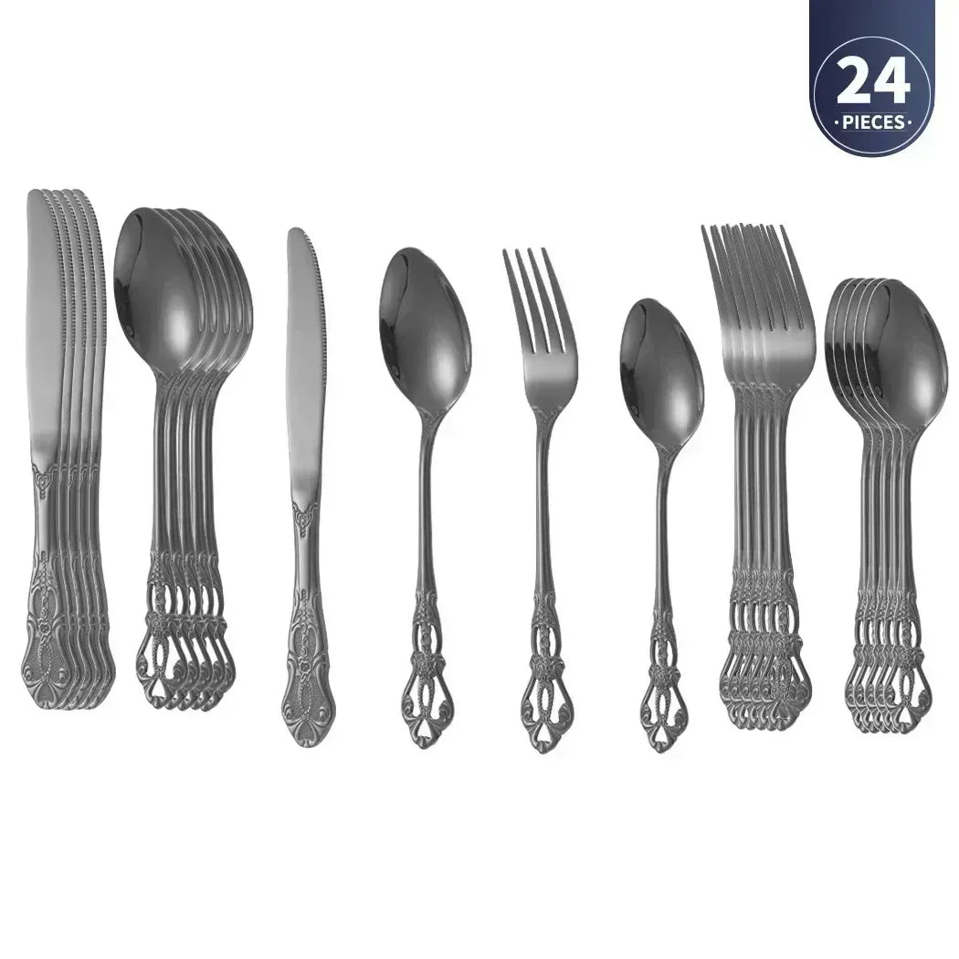 Royal European Spoon Fork Complete Set of Golden Stainless Steel Cutlery, Retro Style, Dishwasher Safe, Stylish Cutlery