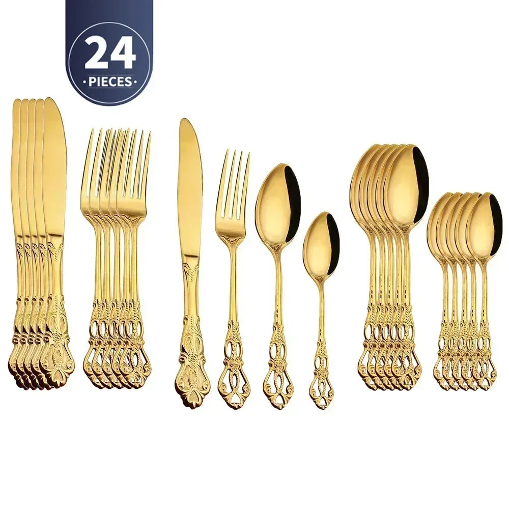 Royal European Spoon Fork Complete Set of Golden Stainless Steel Cutlery, Retro Style, Dishwasher Safe, Stylish Cutlery