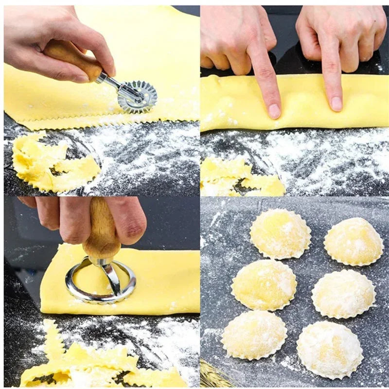 Ravioli Maker Mold Tool, Pasta Press, Stainless Steel Cookies Cutter Set, Ravioli Stamp Set, and Pastry Wheel Set are all part of the Kitchen Attachment Kit.
