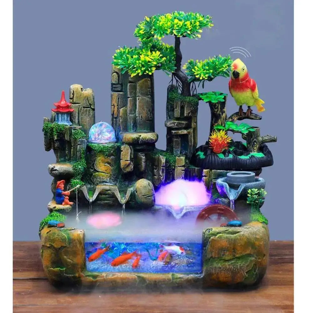 Rocky Mountain Waterfall Fountain with Flowing Water and Feng Shui Wheel – Small Fish Tank Decor for Living Room with Circulating Design