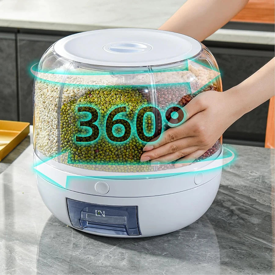 Food Dispenser 360° Rotating 6-Grid - Airtight Kitchen Storage Container for Grains, Nuts, Cereal & Dry Goods