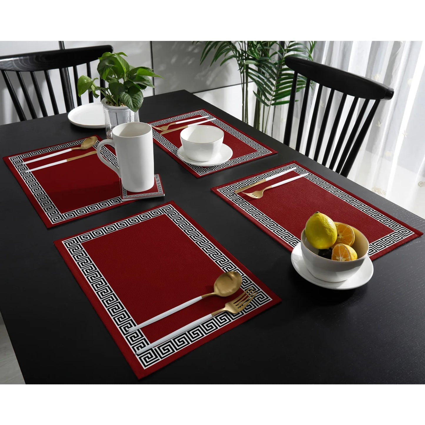 Solid Color Simple Chinese Pattern Kitchen Dining Table Decor 4/6pcs Placemat Heat Resistant Linen Tableware Pads Table Mats
