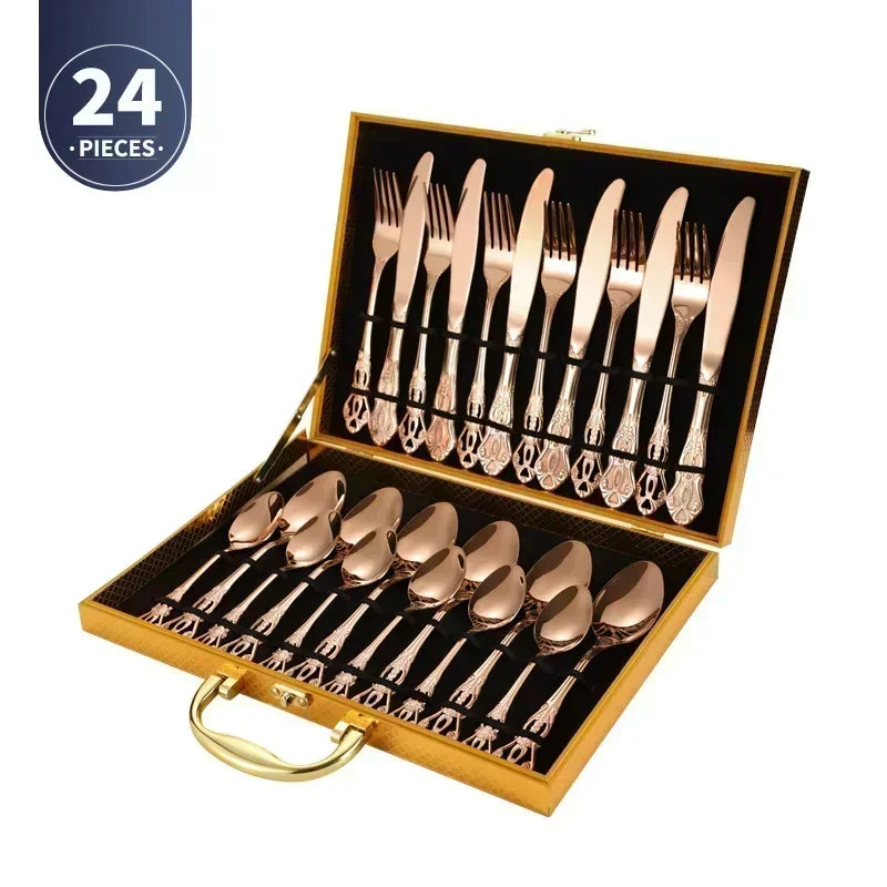 Royal European Spoon Fork Complete Set of Golden Stainless Steel Cutlery, Retro Style, Dishwasher Safe, Stylish Cutlery