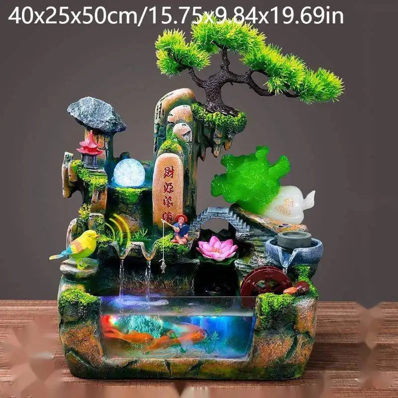 Rocky Mountain Waterfall Fountain with Flowing Water and Feng Shui Wheel – Small Fish Tank Decor for Living Room with Circulating Design