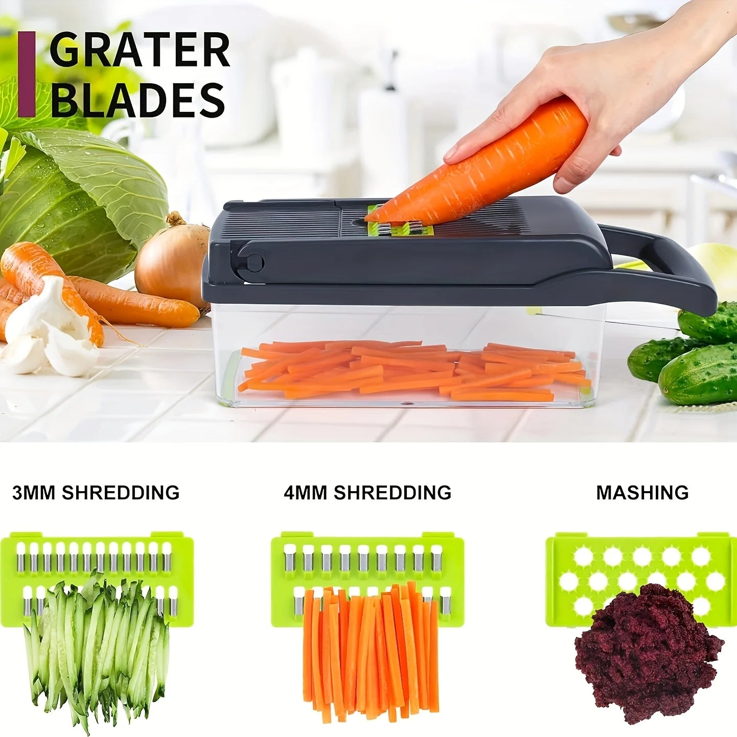 Plastic Food Slicer Dicer with Drain Basket, Hand Protector 16-in-1 Manual Vegetable Chopper