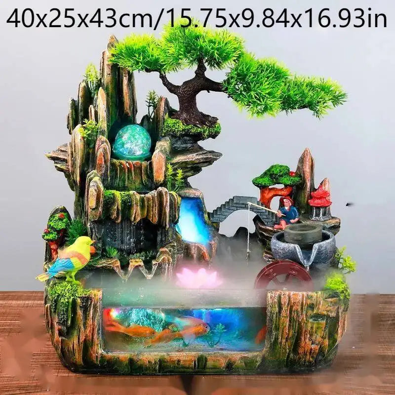 Rocky Mountain Waterfall Fountain with Flowing Water and Feng Shui Wheel – Small Fish Tank Decor for Living Room with Circulating Design