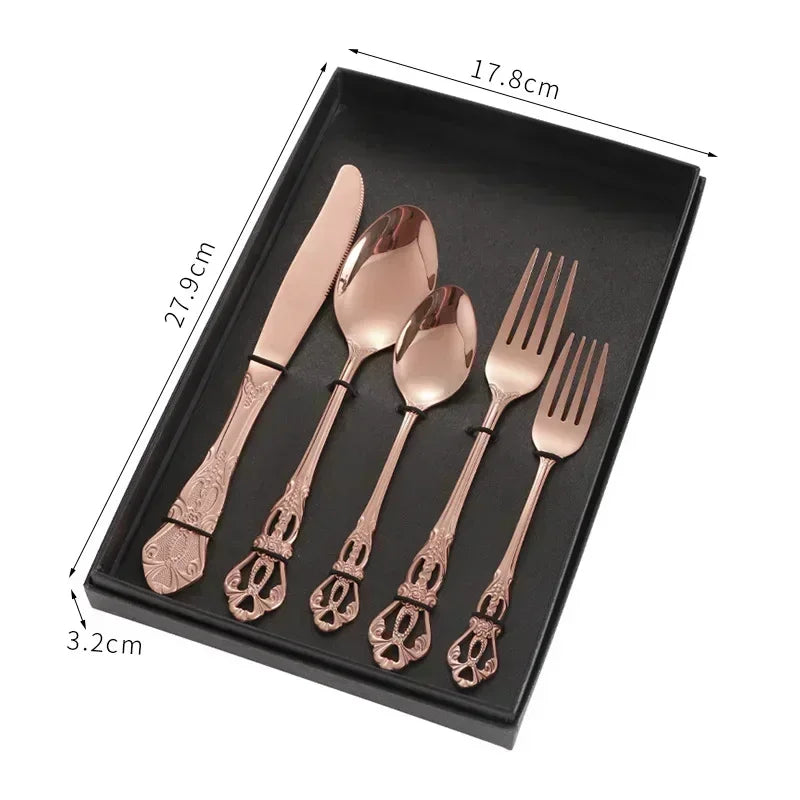 Royal European Spoon Fork Complete Set of Golden Stainless Steel Cutlery, Retro Style, Dishwasher Safe, Stylish Cutlery
