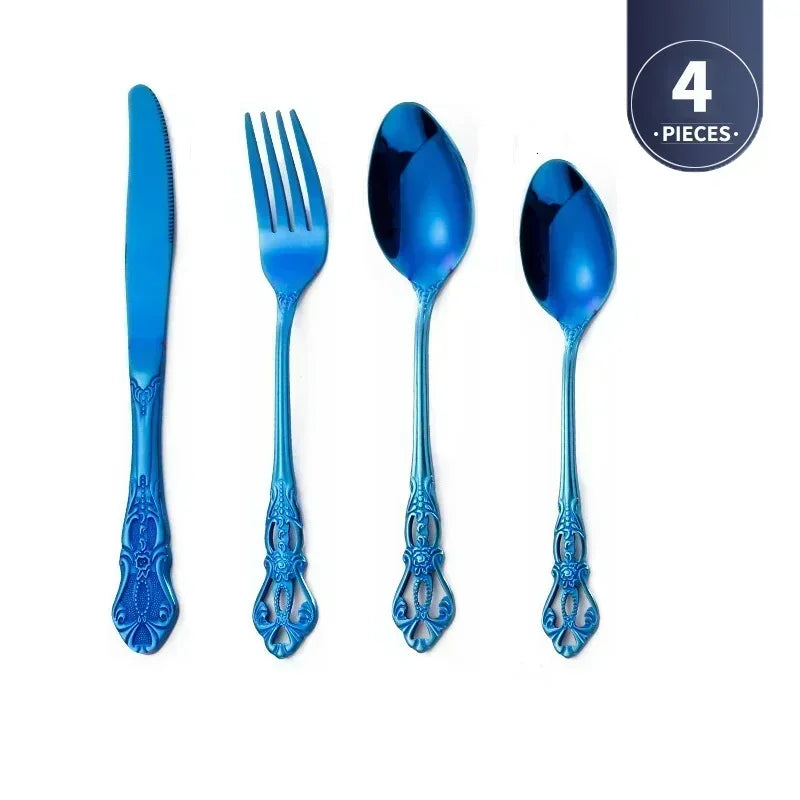 Royal European Spoon Fork Complete Set of Golden Stainless Steel Cutlery, Retro Style, Dishwasher Safe, Stylish Cutlery