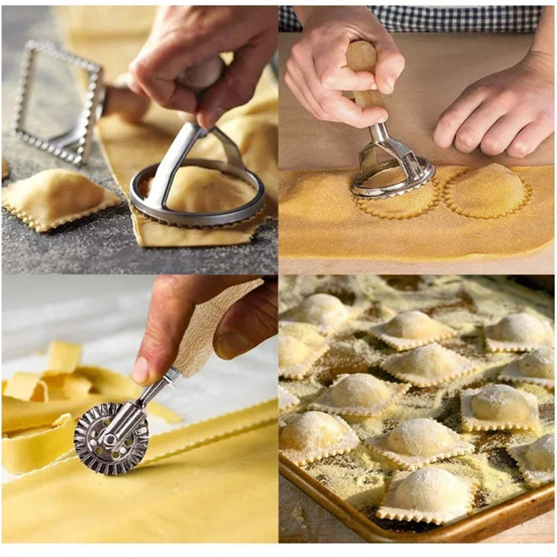 Ravioli Maker Mold Tool, Pasta Press, Stainless Steel Cookies Cutter Set, Ravioli Stamp Set, and Pastry Wheel Set are all part of the Kitchen Attachment Kit.