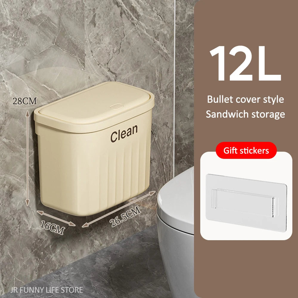 Trash Can With Lid, Hanging Wastebasket, and 12/16L Press Type Wall Mounted Trash Can for Bathroom Toilet Garbage Bucket, and Kitchen Recycling Bin