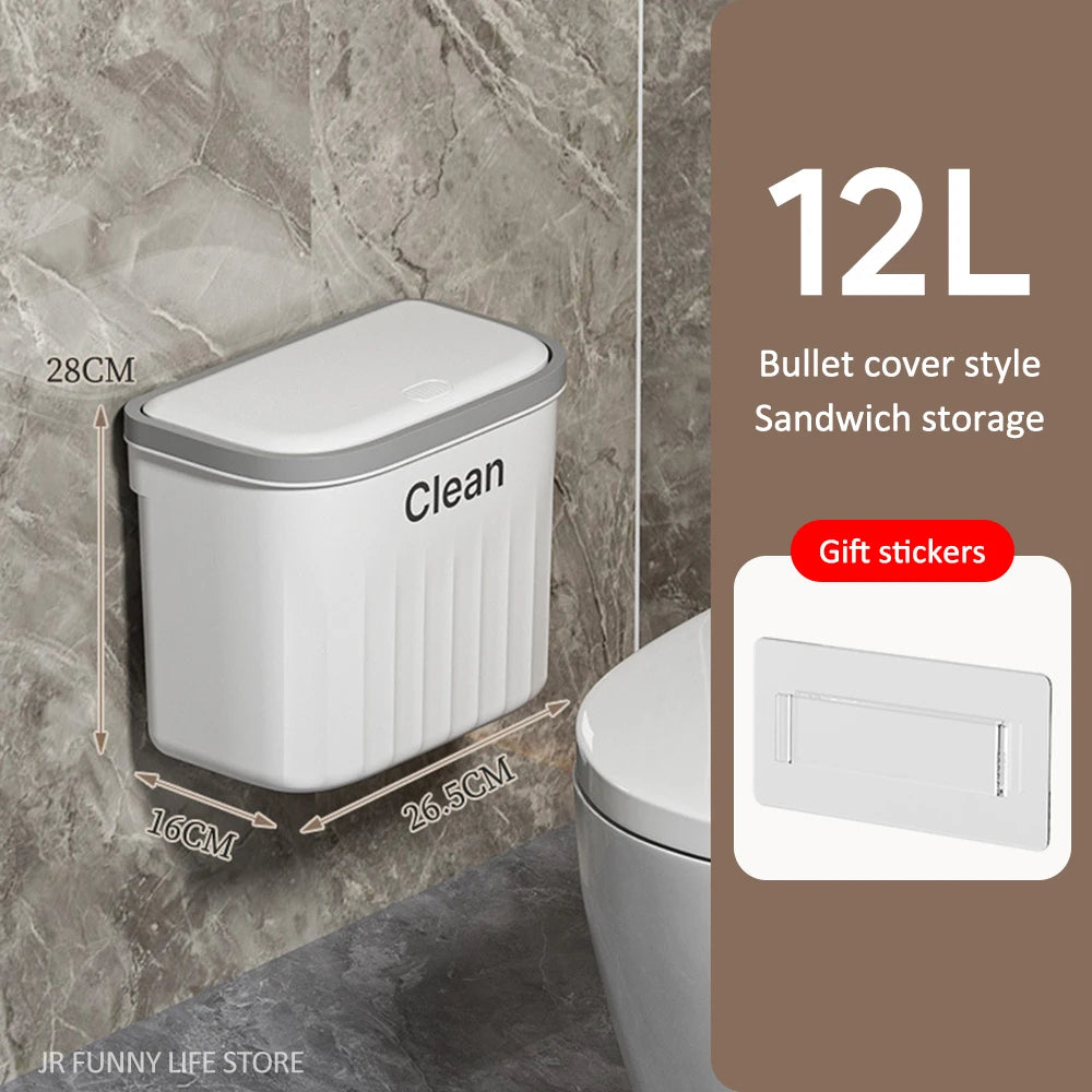 Trash Can With Lid, Hanging Wastebasket, and 12/16L Press Type Wall Mounted Trash Can for Bathroom Toilet Garbage Bucket, and Kitchen Recycling Bin