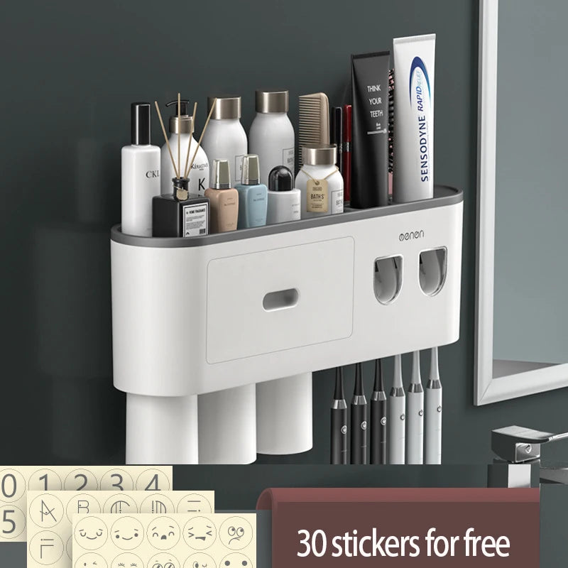 Magnetic Toothbrush Holder Storage Rack Automatic Toothpaste Dispenser Wall-Mounted Waterproof Bathroom Storage Accessories Set