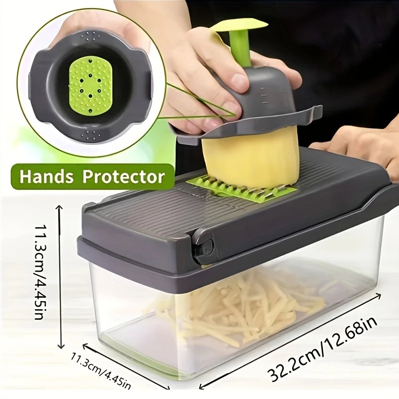 Plastic Food Slicer Dicer with Drain Basket, Hand Protector 16-in-1 Manual Vegetable Chopper
