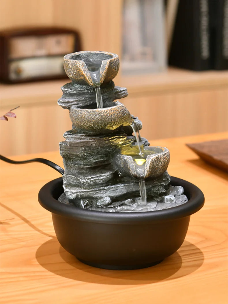 Stylish Miniature Waterfall Fountain with LED Light – Handcrafted Resin Zen Water Feature for Desk or Home, Ideal as a Decorative Gift