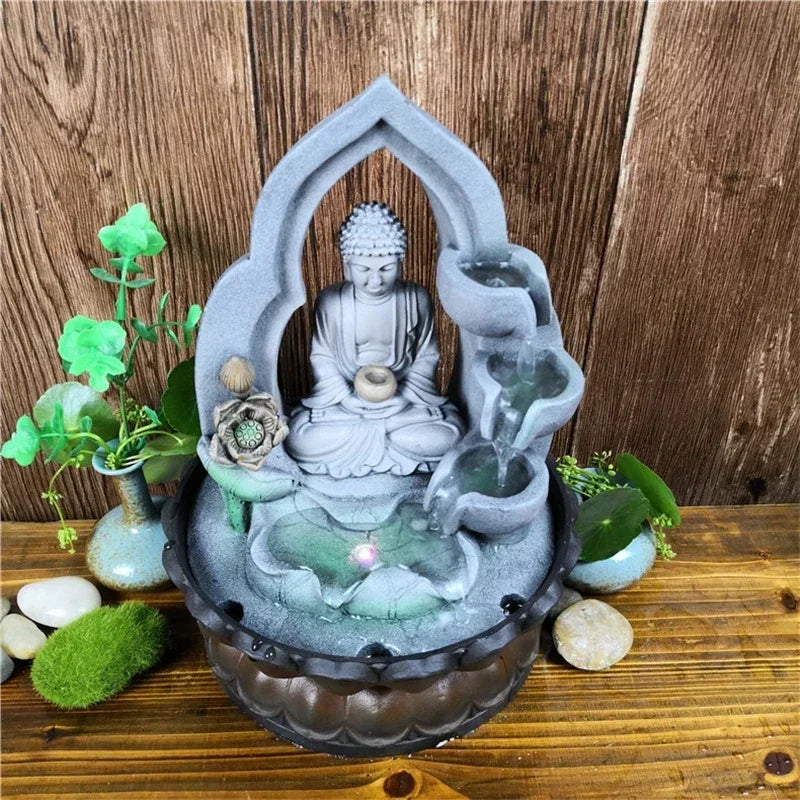 Indoor Air Humidifier Waterfall Fountain – Tabletop LED Relaxation Fountain with Feng Shui Buddha Statue for Office or Home Decor