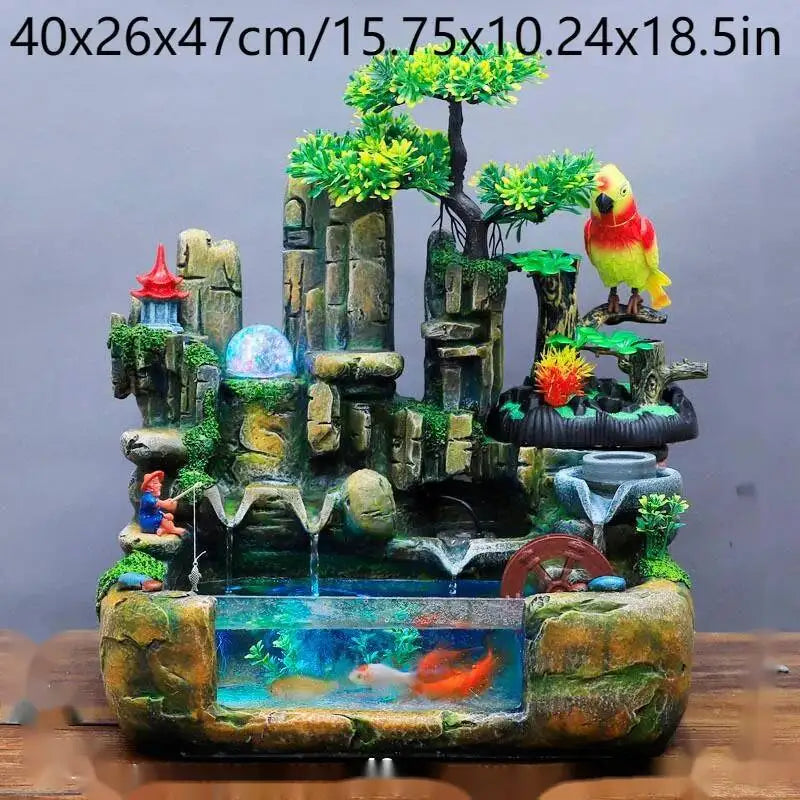 Rocky Mountain Waterfall Fountain with Flowing Water and Feng Shui Wheel – Small Fish Tank Decor for Living Room with Circulating Design