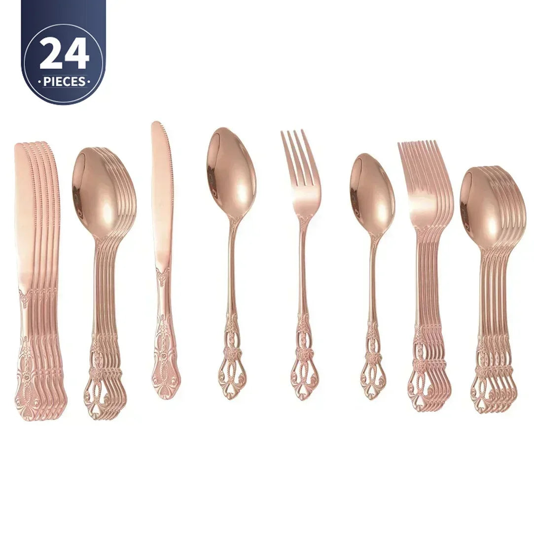 Royal European Spoon Fork Complete Set of Golden Stainless Steel Cutlery, Retro Style, Dishwasher Safe, Stylish Cutlery