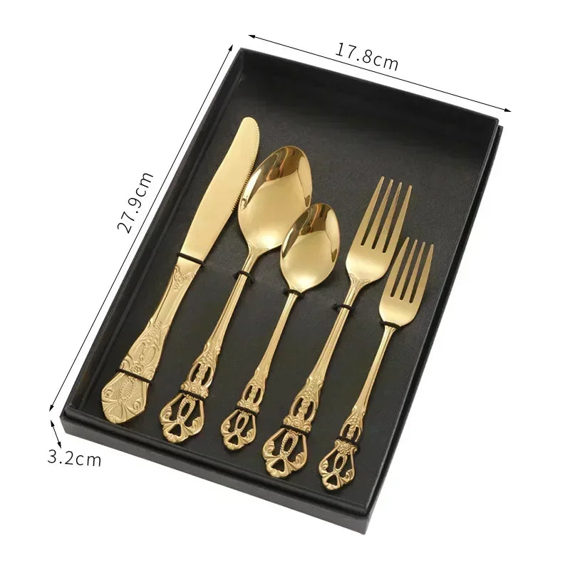 Royal European Spoon Fork Complete Set of Golden Stainless Steel Cutlery, Retro Style, Dishwasher Safe, Stylish Cutlery