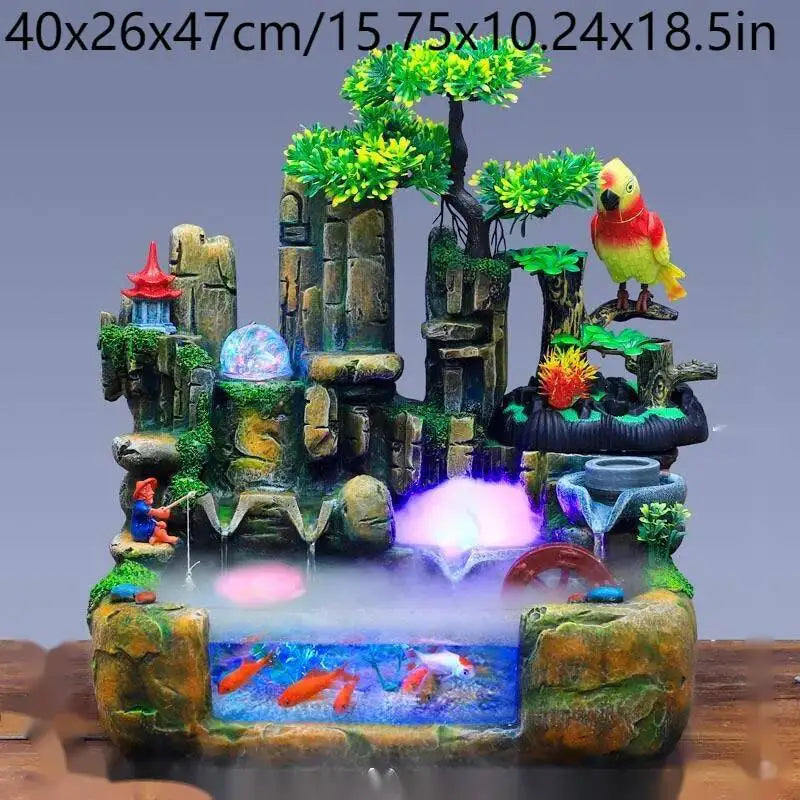 Rocky Mountain Waterfall Fountain with Flowing Water and Feng Shui Wheel – Small Fish Tank Decor for Living Room with Circulating Design