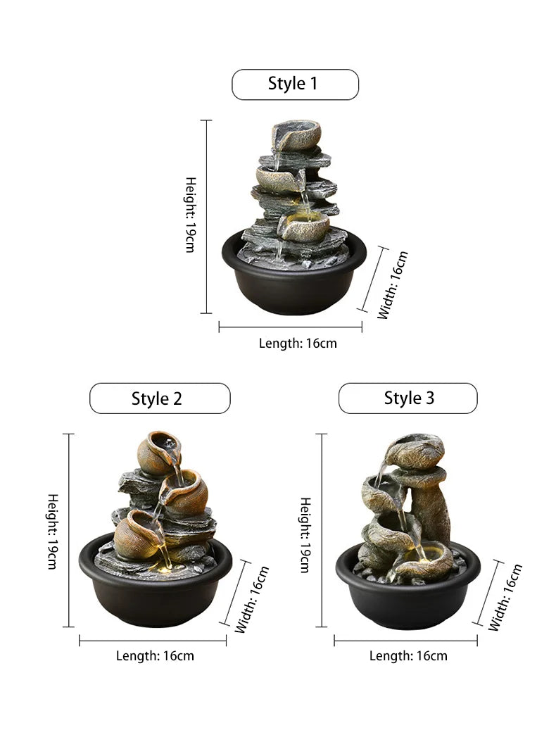 Stylish Miniature Waterfall Fountain with LED Light – Handcrafted Resin Zen Water Feature for Desk or Home, Ideal as a Decorative Gift