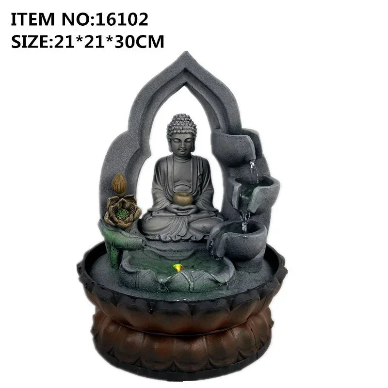 Indoor Air Humidifier Waterfall Fountain – Tabletop LED Relaxation Fountain with Feng Shui Buddha Statue for Office or Home Decor