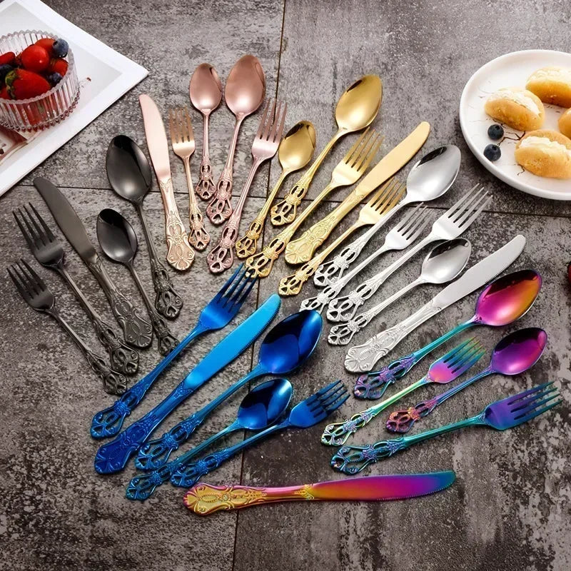 Royal European Spoon Fork Complete Set of Golden Stainless Steel Cutlery, Retro Style, Dishwasher Safe, Stylish Cutlery