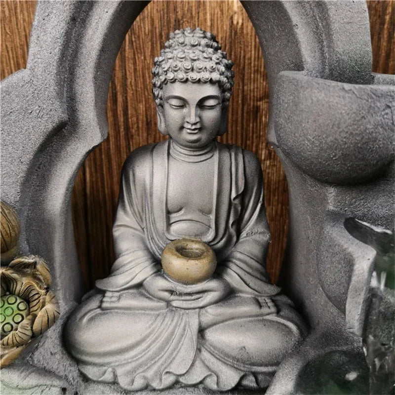 Indoor Air Humidifier Waterfall Fountain – Tabletop LED Relaxation Fountain with Feng Shui Buddha Statue for Office or Home Decor