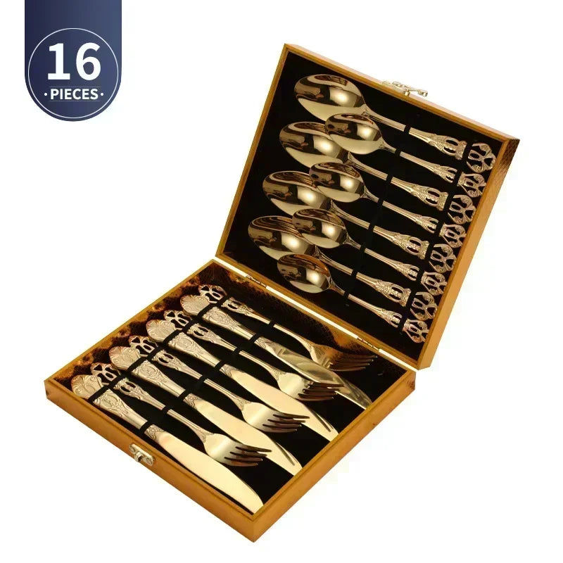 Royal European Spoon Fork Complete Set of Golden Stainless Steel Cutlery, Retro Style, Dishwasher Safe, Stylish Cutlery